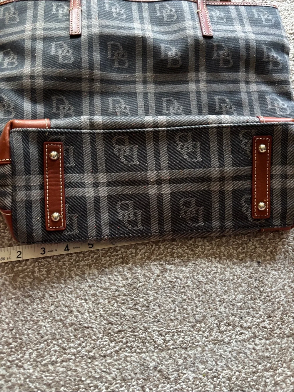 Dooney & Bourke Gray Plaid Canvas Tote with Brown Leather Trim